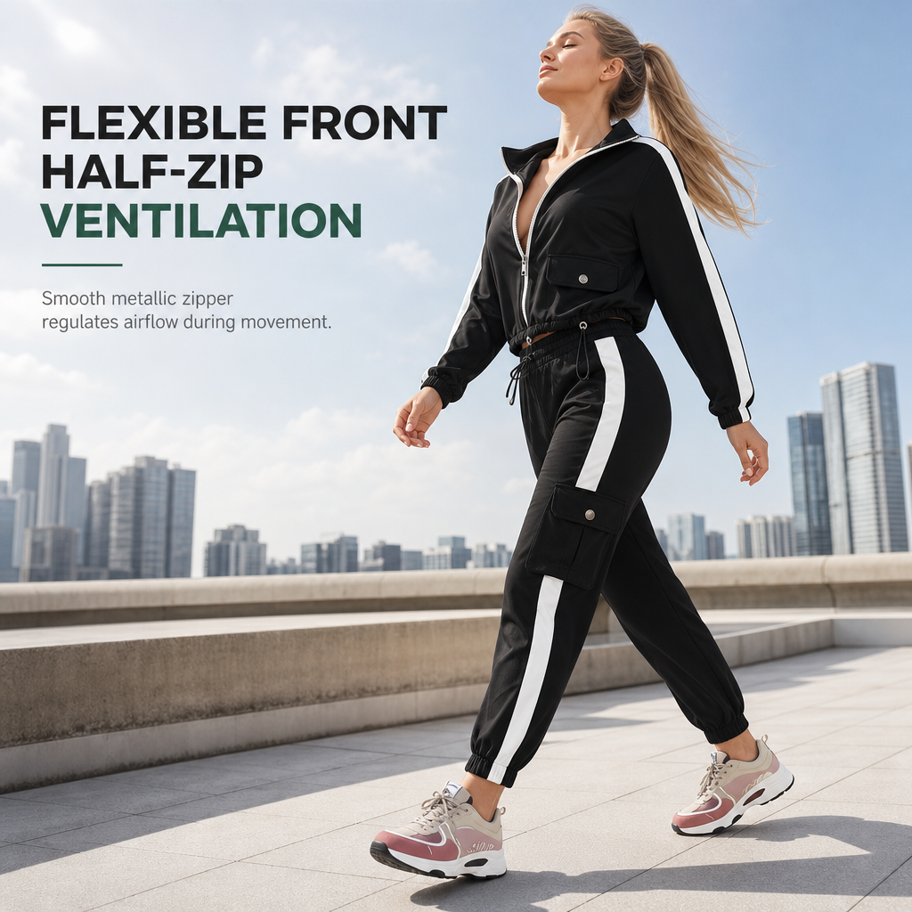 Women Casual 2 Piece Outfit Zip Up Hooded Long Sleeve and Cargo Jogger Pants with Pockets