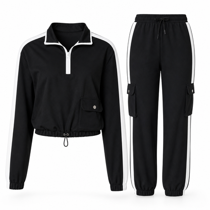 Women Casual 2 Piece Outfit Zip Up Hooded Long Sleeve and Cargo Jogger Pants with Pockets