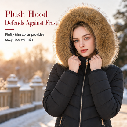 Women Mid-Length Slim Fit Winter Padded Coat with Large Fur Collar Outerwear🔥𝙁𝙧𝙚𝙚 𝙎𝙝𝙞𝙥𝙥𝙞𝙣𝙜