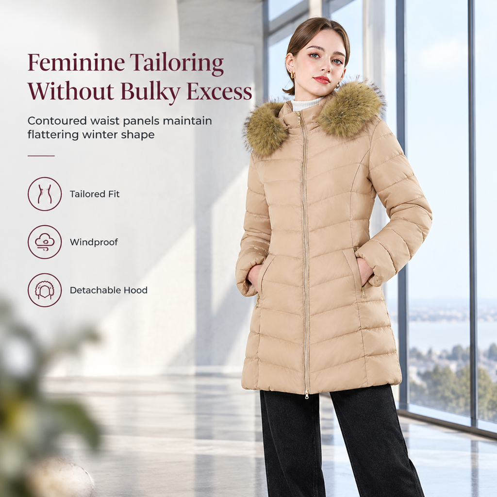 Women Mid-Length Slim Fit Winter Padded Coat with Large Fur Collar Outerwear🔥𝙁𝙧𝙚𝙚 𝙎𝙝𝙞𝙥𝙥𝙞𝙣𝙜