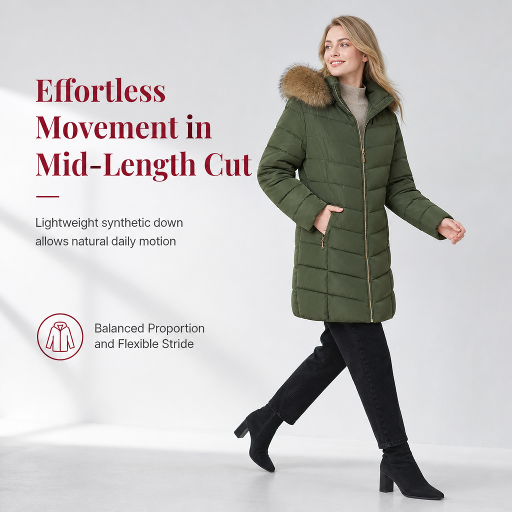 Women Mid-Length Slim Fit Winter Padded Coat with Large Fur Collar Outerwear🔥𝙁𝙧𝙚𝙚 𝙎𝙝𝙞𝙥𝙥𝙞𝙣𝙜