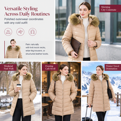 Women Mid-Length Slim Fit Winter Padded Coat with Large Fur Collar Outerwear🔥𝙁𝙧𝙚𝙚 𝙎𝙝𝙞𝙥𝙥𝙞𝙣𝙜
