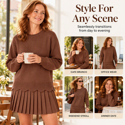Women's Scallop Hem Sweater and Pleated Skirt Set