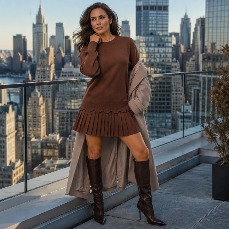 Women's Scallop Hem Sweater and Pleated Skirt Set