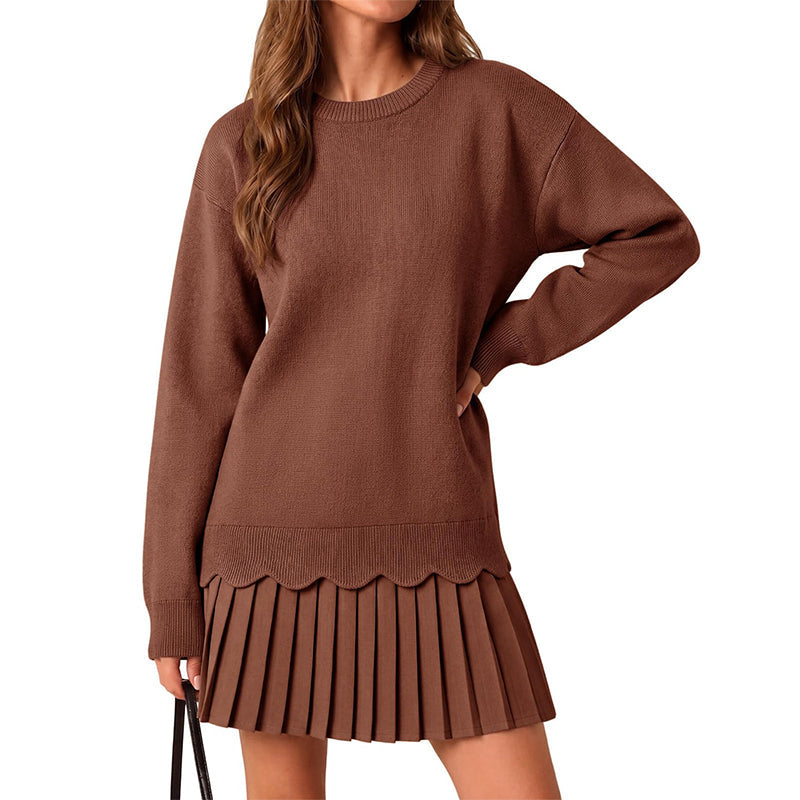 Women's Scallop Hem Sweater and Pleated Skirt Set