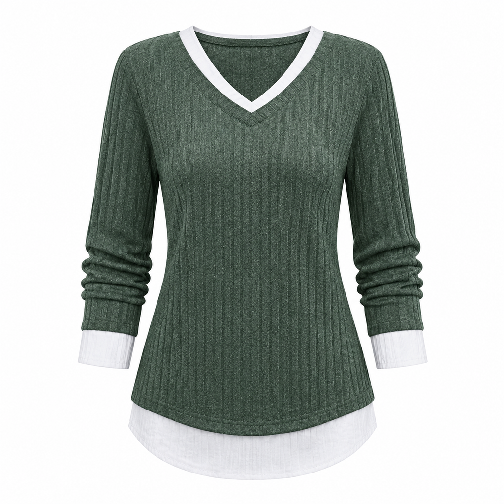 Faux Two Piece Layered Knit Sweater Casual Pullover Top