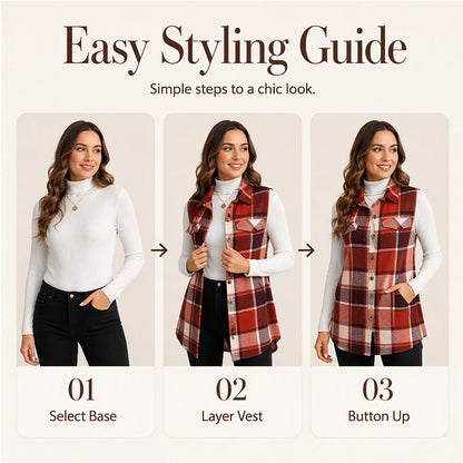 Women's Plaid Button Down Vest Shirt with Pockets