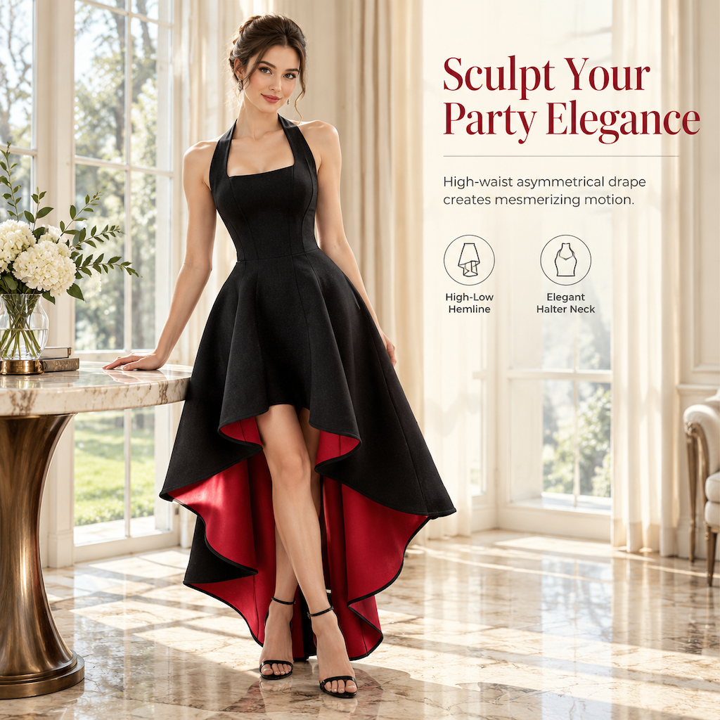 Women's Elegant Black Colorblock Dress Slim Fit Cinched Waist Party Dress