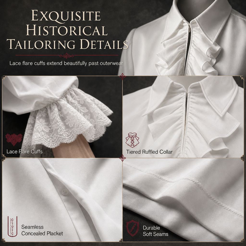 Unisex Fit French Style Ruffle Collar Blouse with Lace Cuffs