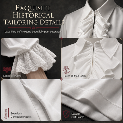 Unisex Fit French Style Ruffle Collar Blouse with Lace Cuffs