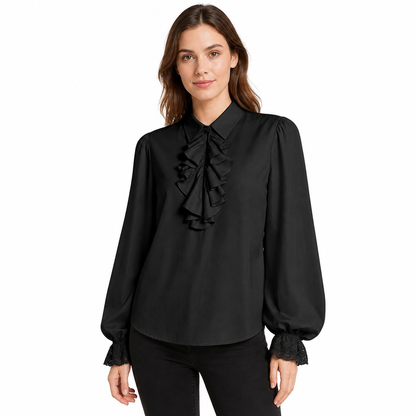 Unisex Fit French Style Ruffle Collar Blouse with Lace Cuffs