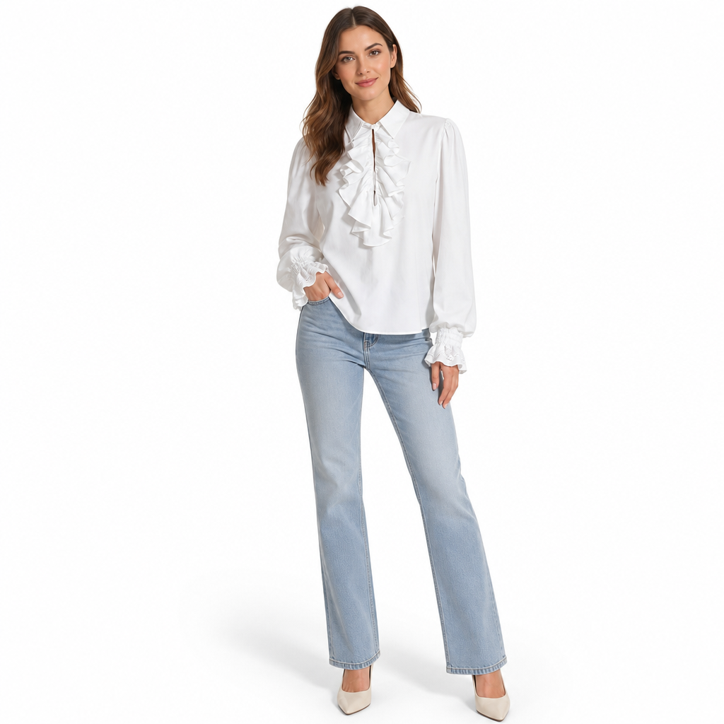 Unisex Fit French Style Ruffle Collar Blouse with Lace Cuffs