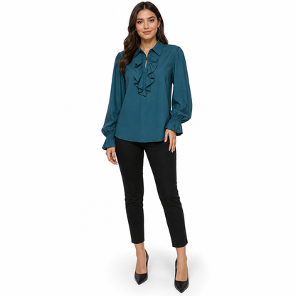 Unisex Fit French Style Ruffle Collar Blouse with Lace Cuffs