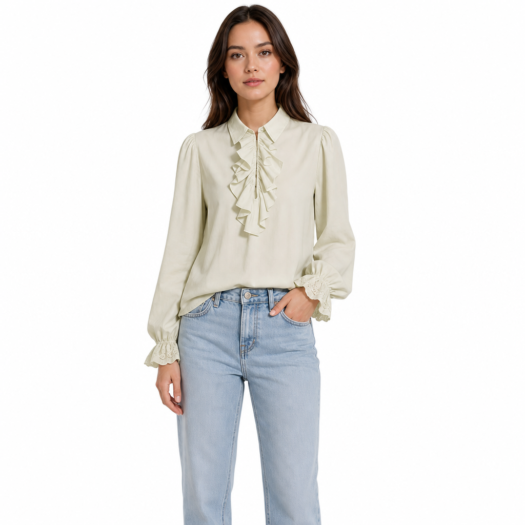 Unisex Fit French Style Ruffle Collar Blouse with Lace Cuffs