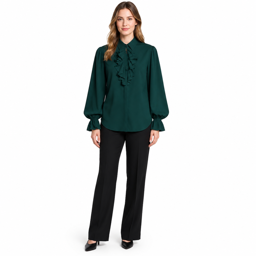 Unisex Fit French Style Ruffle Collar Blouse with Lace Cuffs