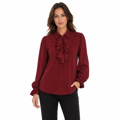 Unisex Fit French Style Ruffle Collar Blouse with Lace Cuffs