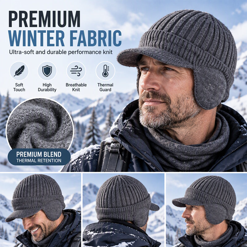 Men's Winter Knit Beanie Hat with Brim & Ear Flaps