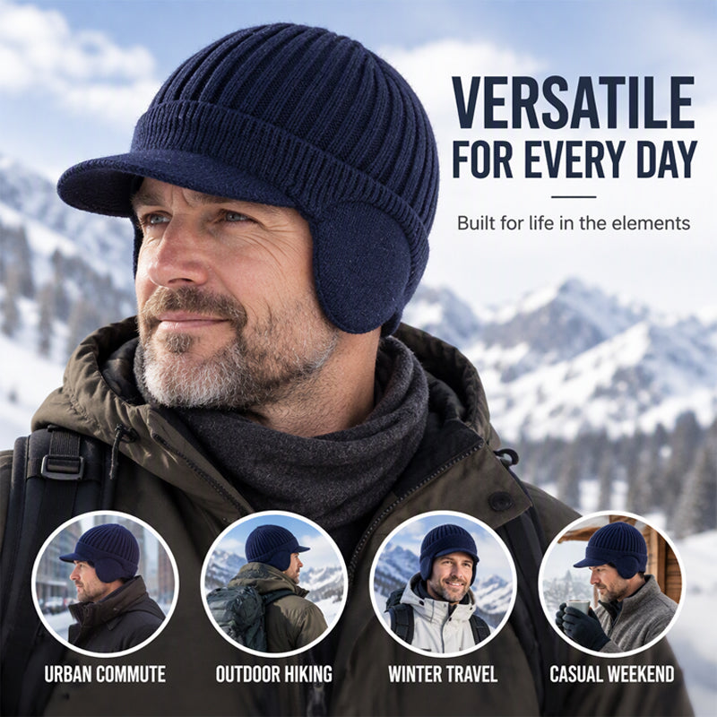 Men's Winter Knit Beanie Hat with Brim & Ear Flaps