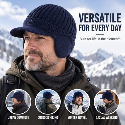 Men's Winter Knit Beanie Hat with Brim & Ear Flaps