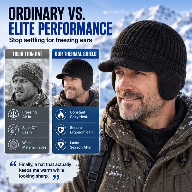 Men's Winter Knit Beanie Hat with Brim & Ear Flaps