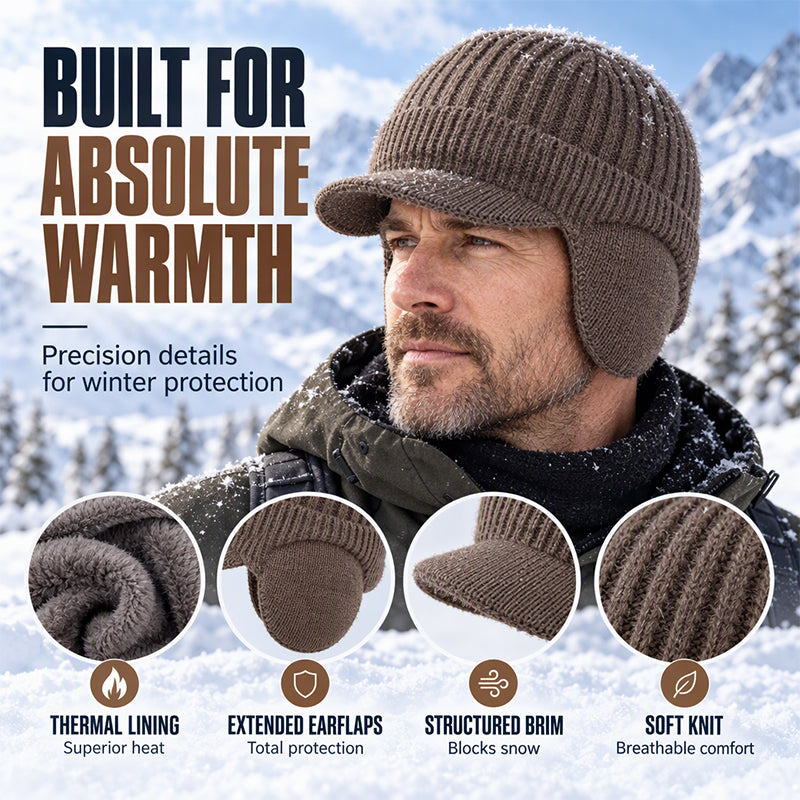 Men's Winter Knit Beanie Hat with Brim & Ear Flaps