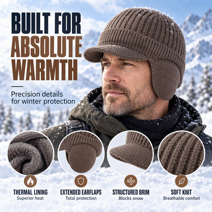 Men's Winter Knit Beanie Hat with Brim & Ear Flaps