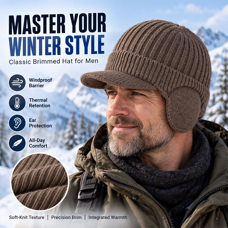 Men's Winter Knit Beanie Hat with Brim & Ear Flaps