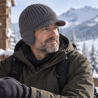 Men's Winter Knit Beanie Hat with Brim & Ear Flaps