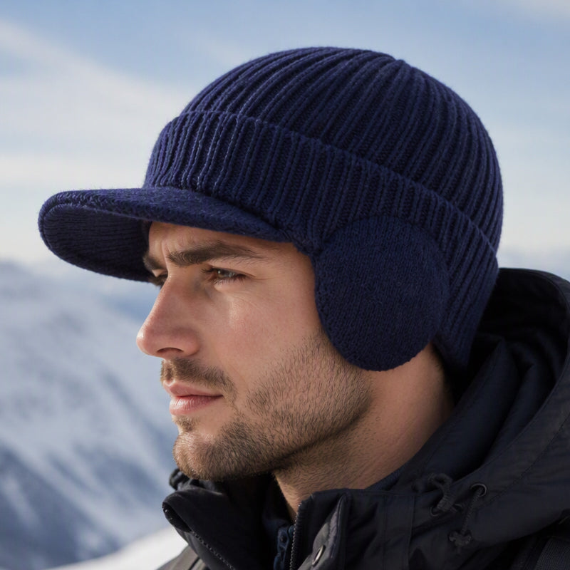 Men's Winter Knit Beanie Hat with Brim & Ear Flaps