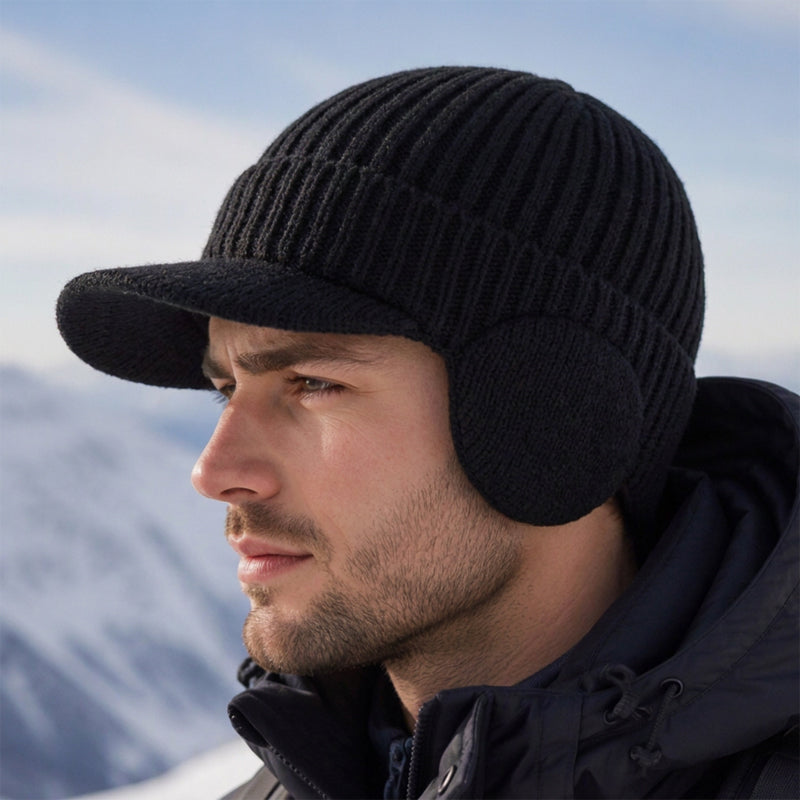 Men's Winter Knit Beanie Hat with Brim & Ear Flaps