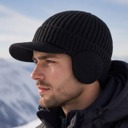 Men's Winter Knit Beanie Hat with Brim & Ear Flaps