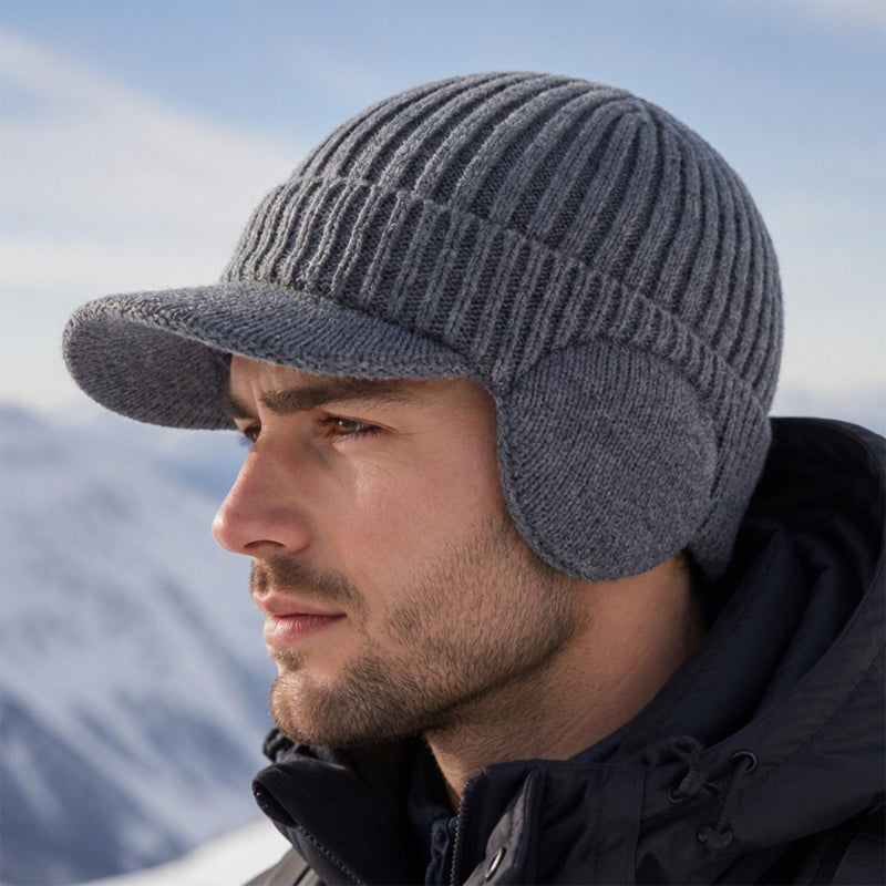 Men's Winter Knit Beanie Hat with Brim & Ear Flaps