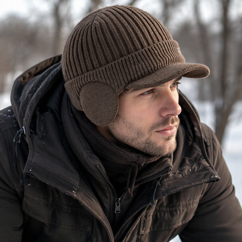 Men's Winter Knit Beanie Hat with Brim & Ear Flaps
