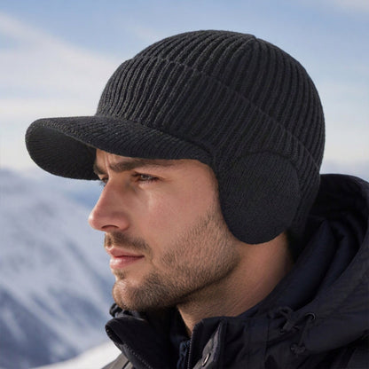 Men's Winter Knit Beanie Hat with Brim & Ear Flaps