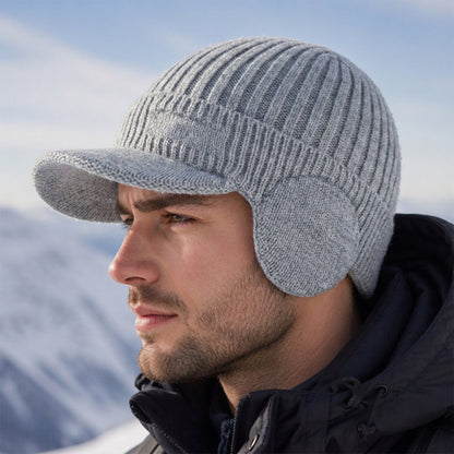Men's Winter Knit Beanie Hat with Brim & Ear Flaps