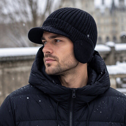 Men's Winter Knit Beanie Hat with Brim & Ear Flaps
