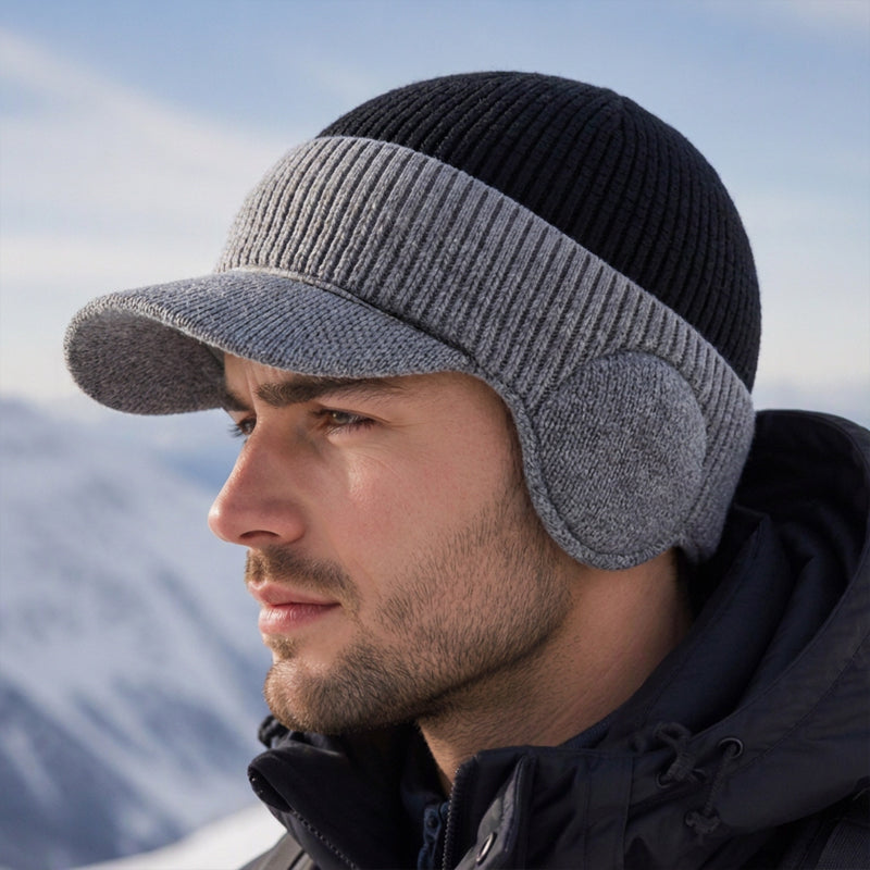 Men's Winter Knit Beanie Hat with Brim & Ear Flaps