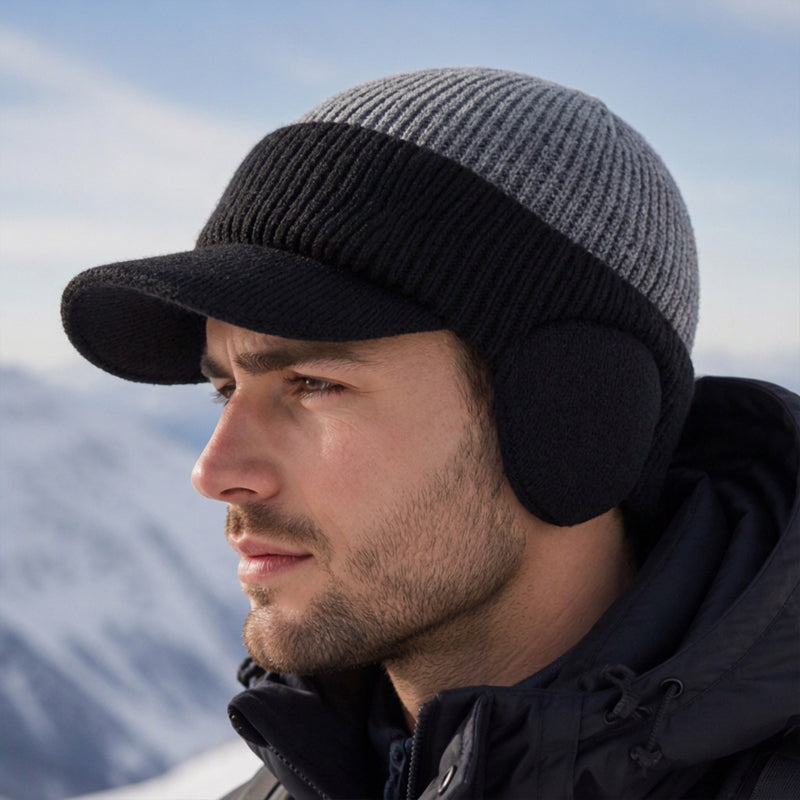 Men's Winter Knit Beanie Hat with Brim & Ear Flaps